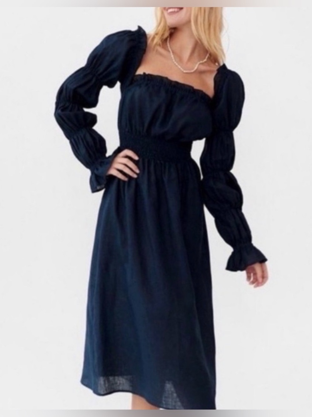 Sleeper Michelin Linen Dress Navy Smocked Puff Sleeve Midi Dress Size M